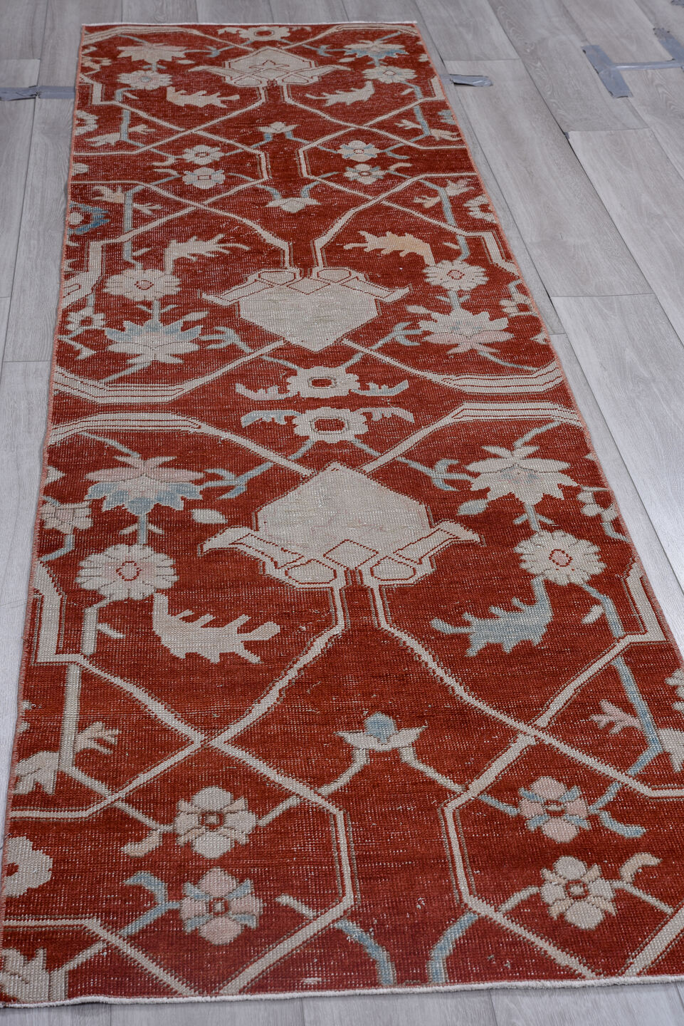 2' x 9' one-of-a-kind handmade vintage Oushak runner rug. Color palette: brown, gray, light gray, off-white, pink, red