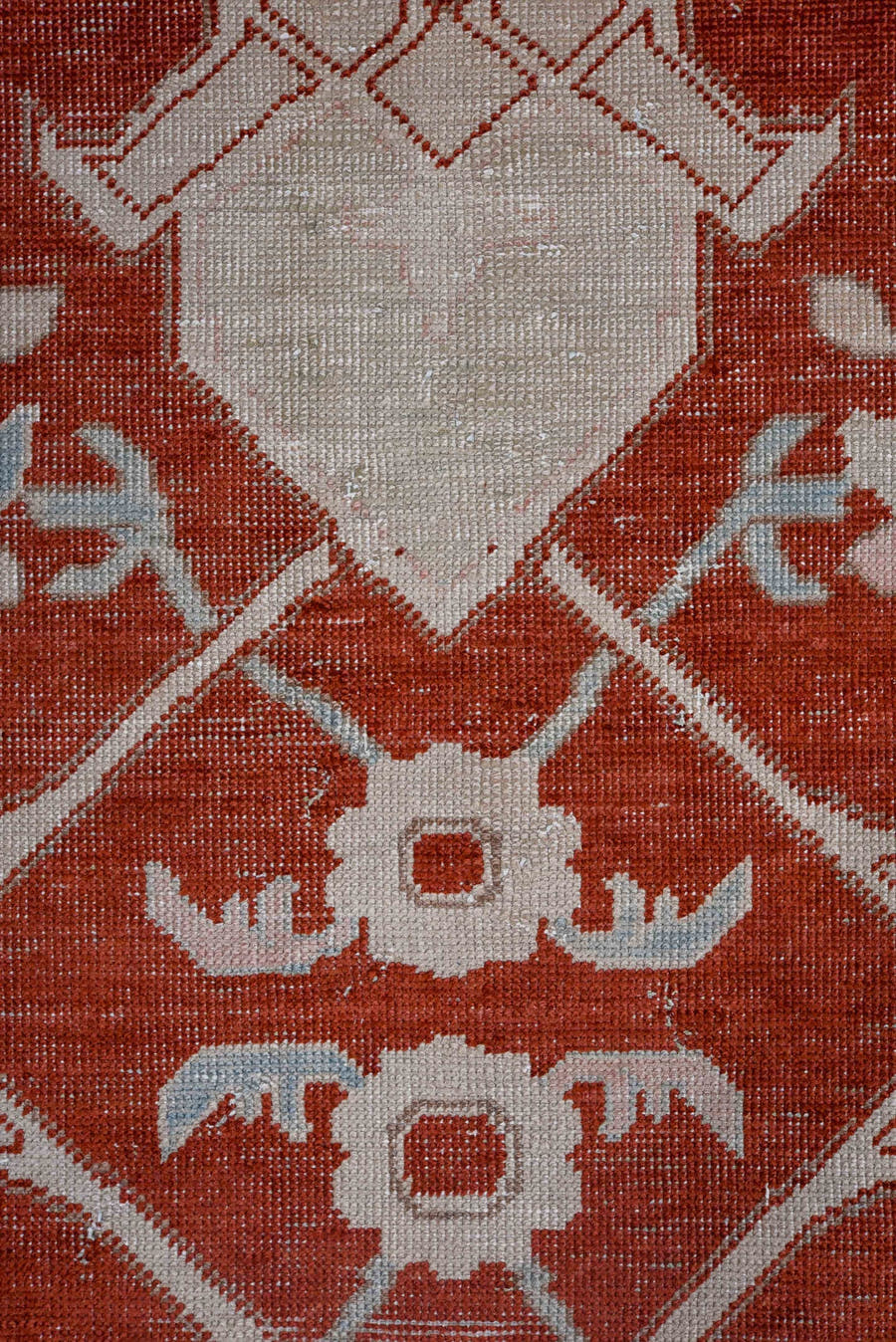2' x 9' one-of-a-kind handmade vintage Oushak runner rug. Color palette: rust, ivory, sky_blue, rose, crimson, terracotta