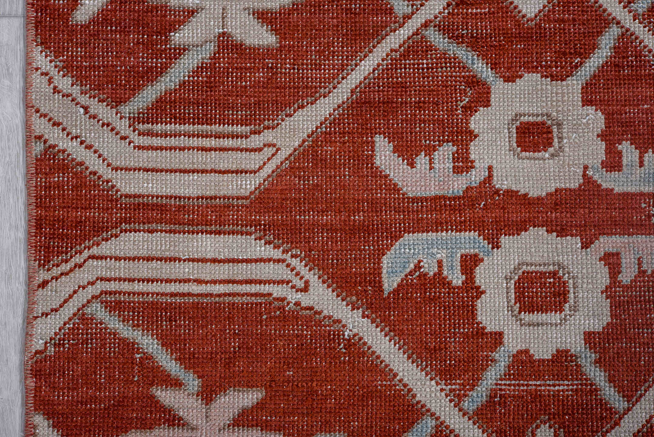 2' x 9' one-of-a-kind handmade vintage Oushak runner rug. Color palette: brown, gray, light gray, off-white, pink, red