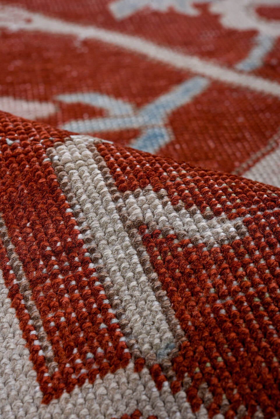 2' x 9' one-of-a-kind handmade vintage Oushak runner rug. Color palette: rust, ivory, sky_blue, rose, crimson, terracotta