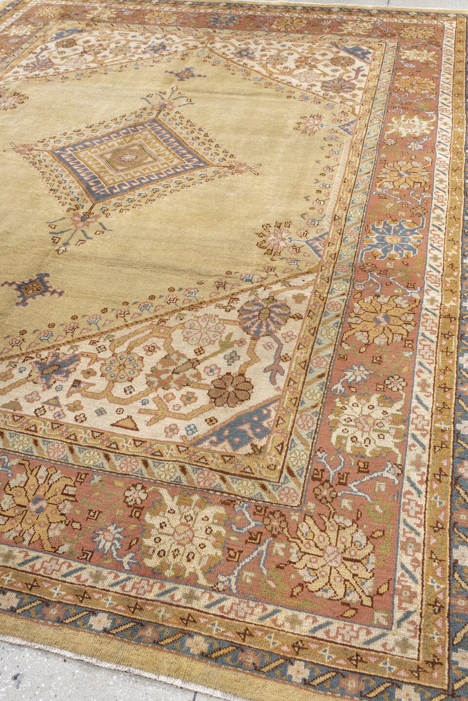 8' x 11' one-of-a-kind handmade antique Sivas large size rug. Color palette: ivory, sand, peach, slate blue, taupe
