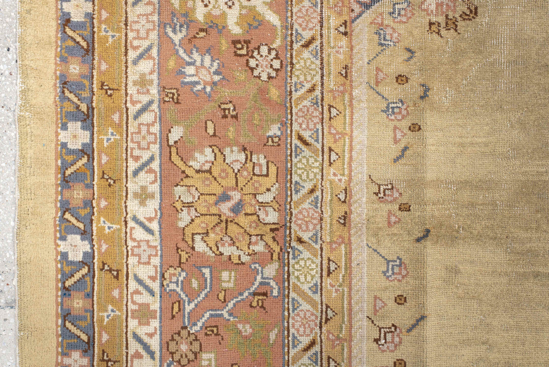 8' x 11' one-of-a-kind handmade antique Sivas large size rug. Color palette: ivory, sand, peach, slate blue, taupe