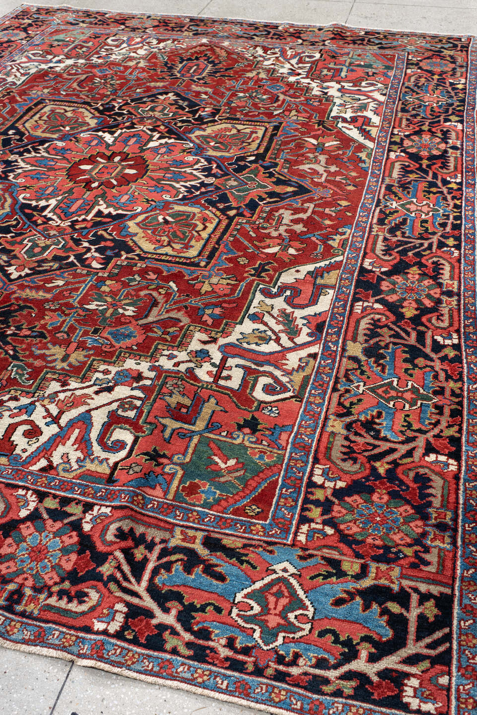 9' x 12' one-of-a-kind handmade vintage Heriz large size rug. Color palette: blue, brown, gray, light gray, off-white