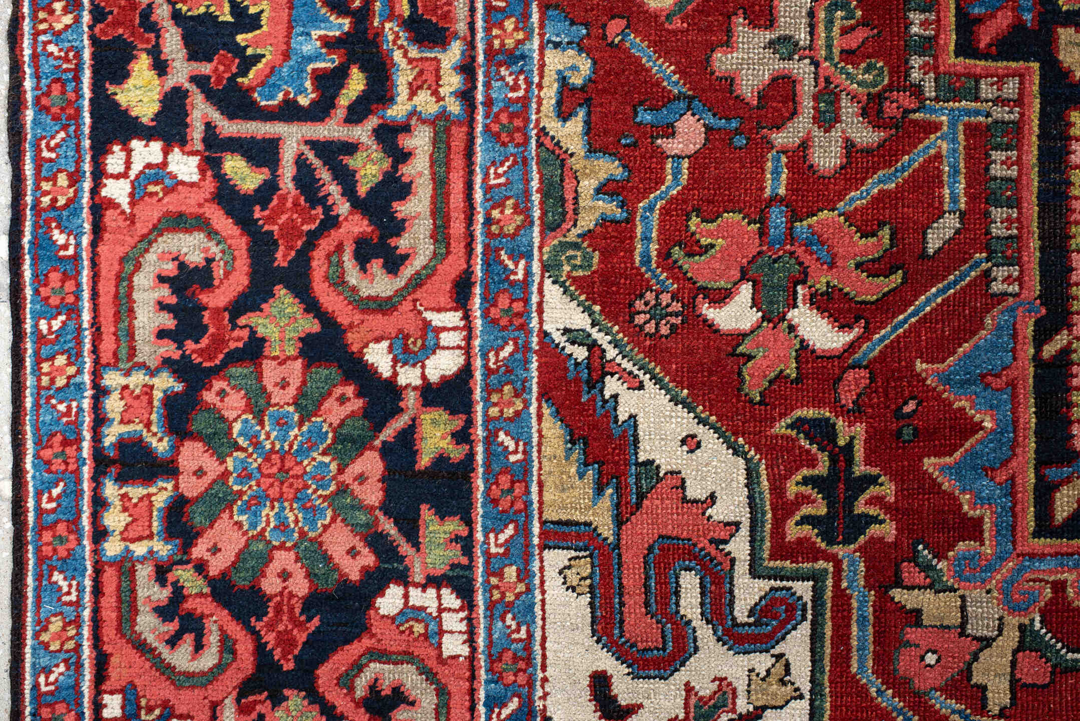 9' x 12' one-of-a-kind handmade vintage Heriz large size rug. Color palette: blue, brown, gray, light gray, off-white