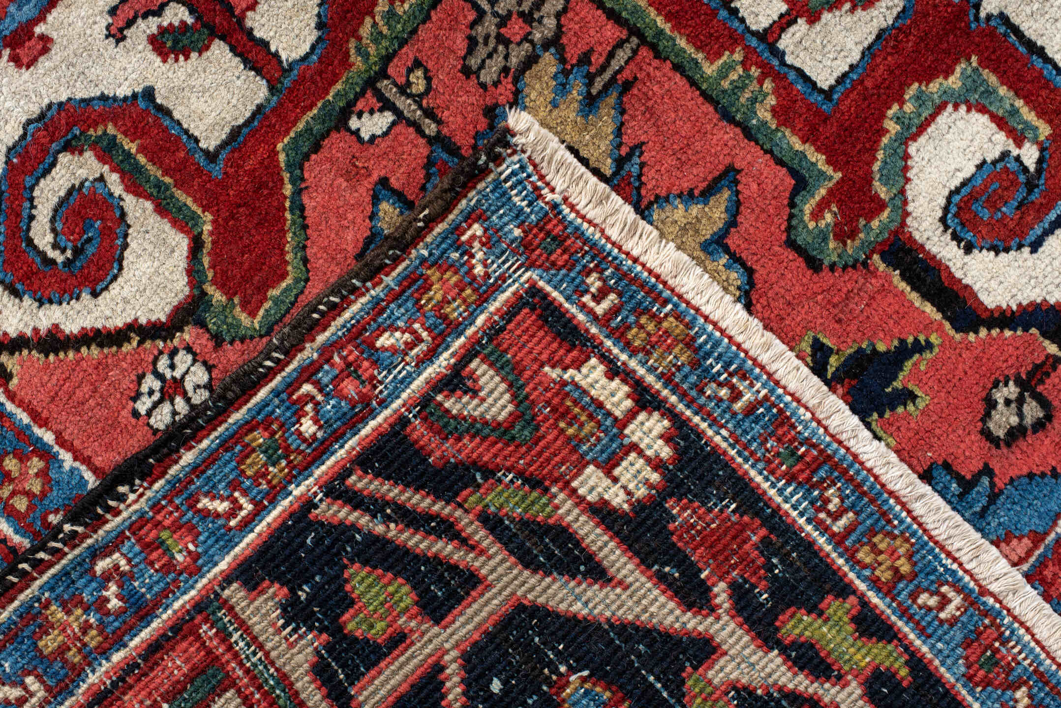 9' x 12' one-of-a-kind handmade vintage Heriz large size rug. Color palette: blue, brown, gray, light gray, off-white