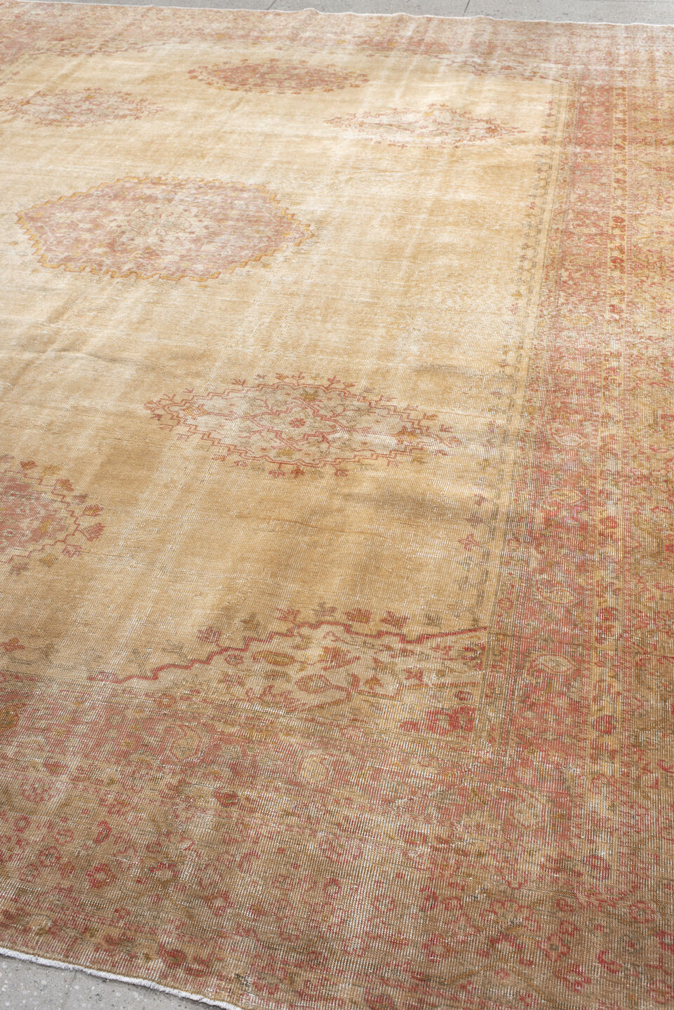 11' x 14' one-of-a-kind handmade vintage Sivas oversize rug. Color palette: pink, brown, off-white, orange, light gray, gray