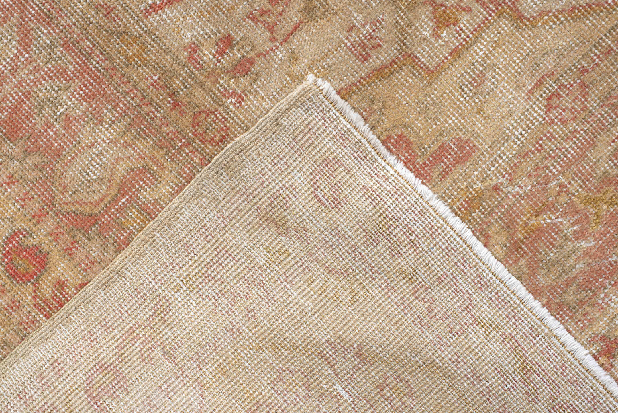11' x 14' one-of-a-kind handmade vintage Sivas oversize rug. Color palette: pink, brown, off-white, orange, light gray, gray