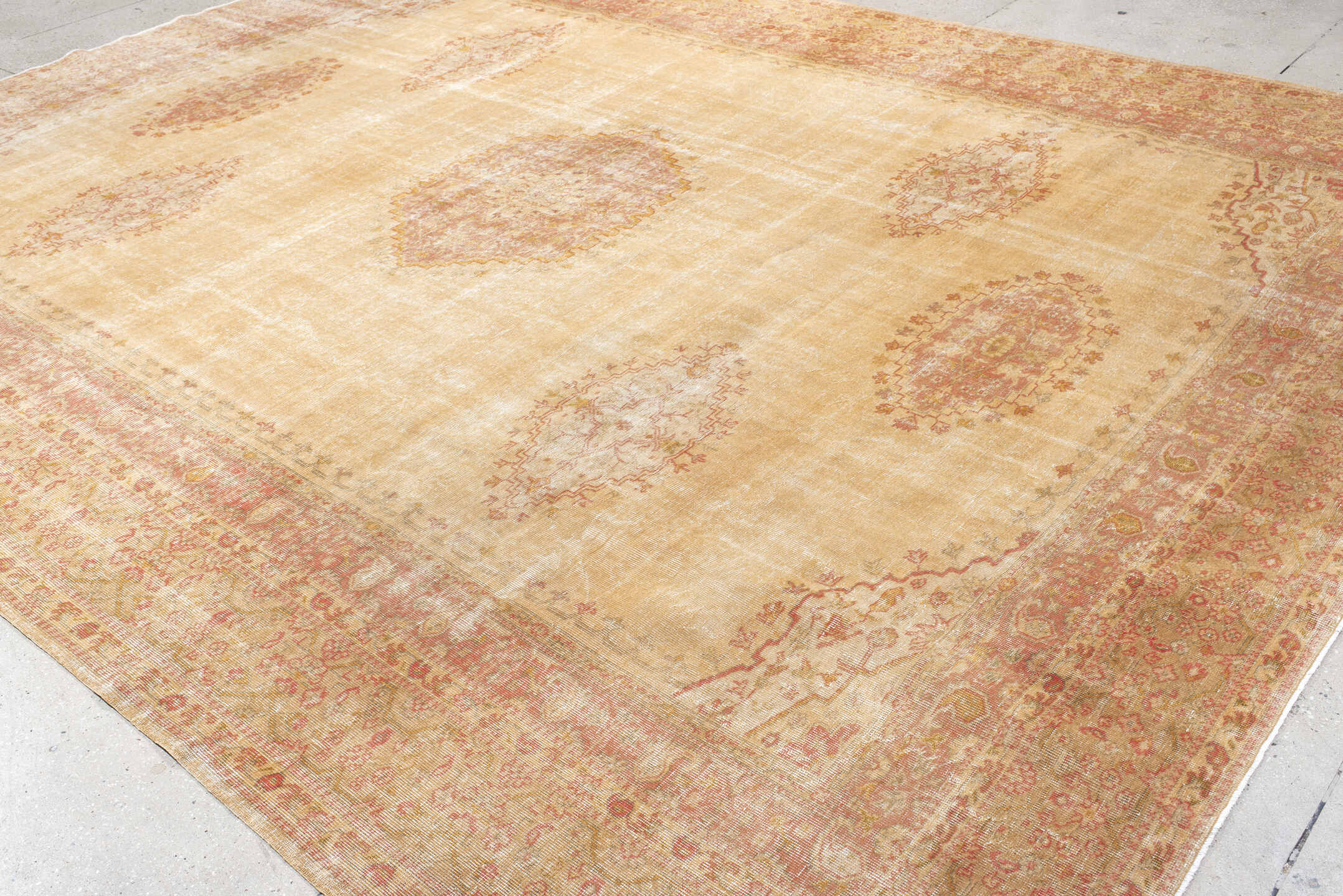 11' x 14' one-of-a-kind handmade antique Sivas oversize rug. Color palette: ivory, sand, blush, pale terracotta, cream