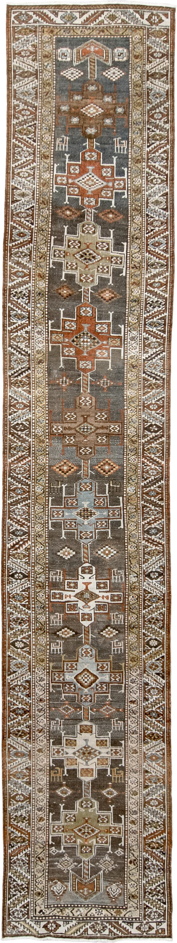 2' x 14' one-of-a-kind handmade antique Heriz runner rug. Color palette: taupe, brown, ivory, rust, camel, charcoal, beige