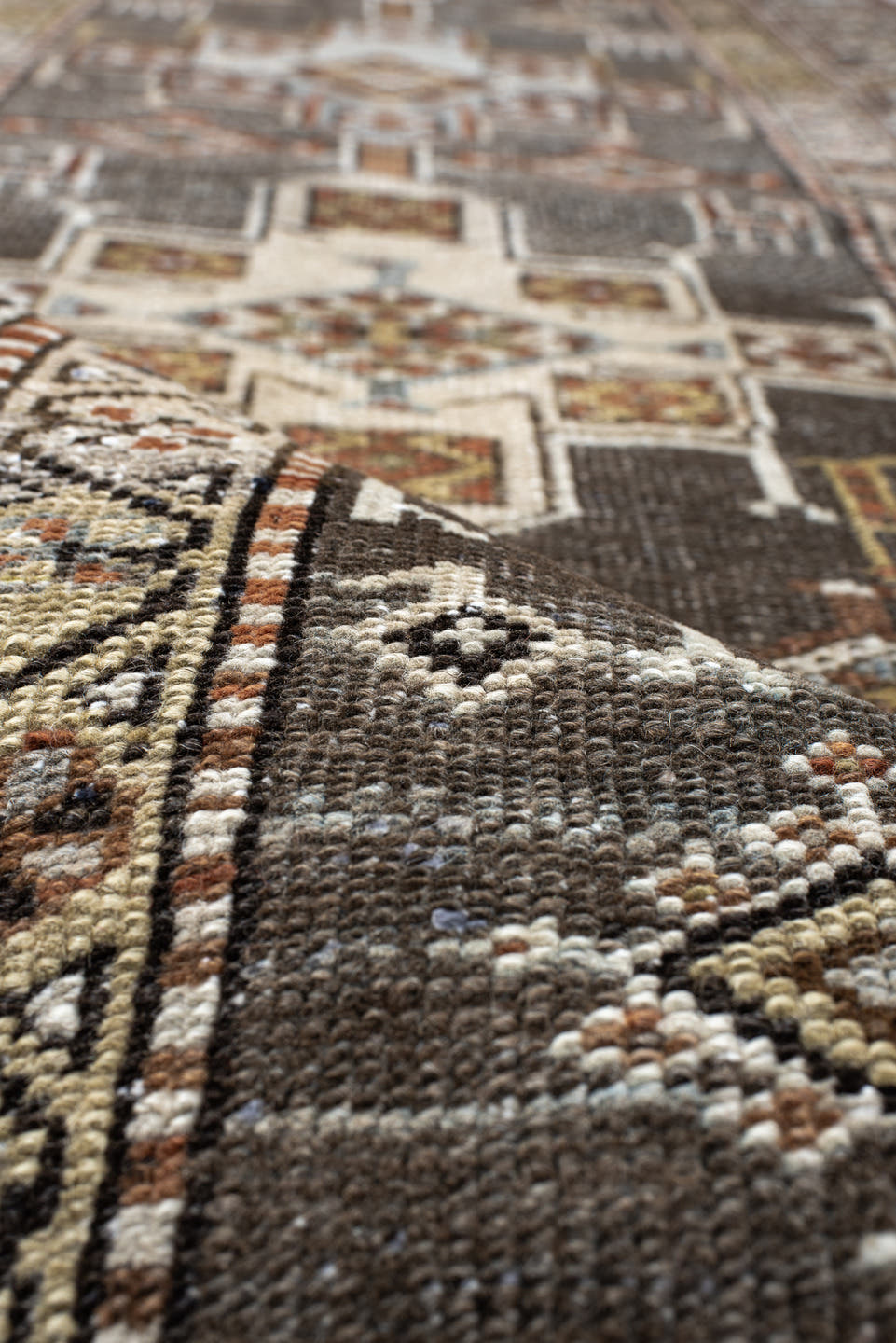 2' x 14' one-of-a-kind handmade antique Heriz runner rug. Color palette: taupe, brown, ivory, rust, camel, charcoal, beige