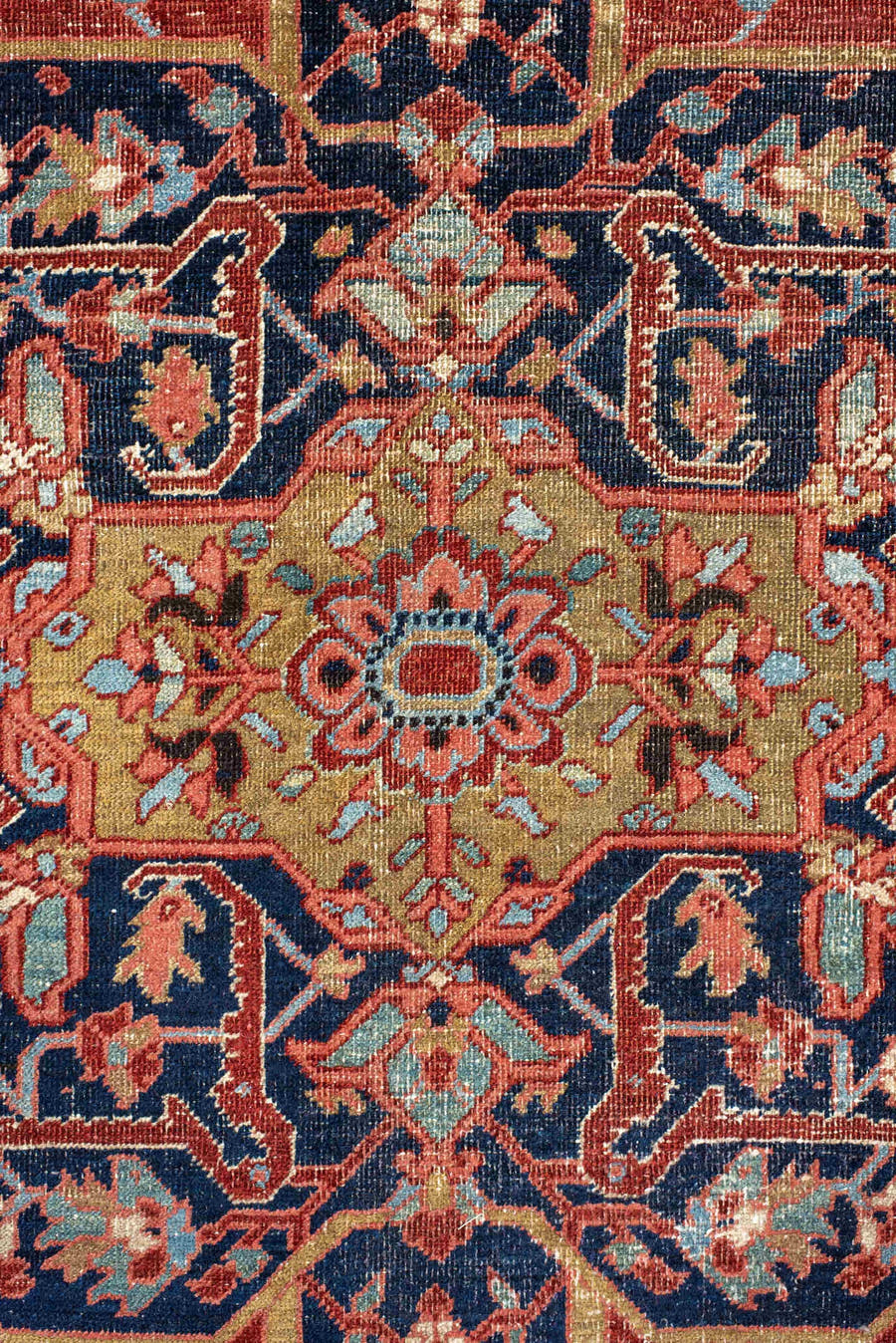 7' x 11' one-of-a-kind handmade antique Heriz large size rug. Color palette: rust, navy, ivory, light_blue, rose, camel
