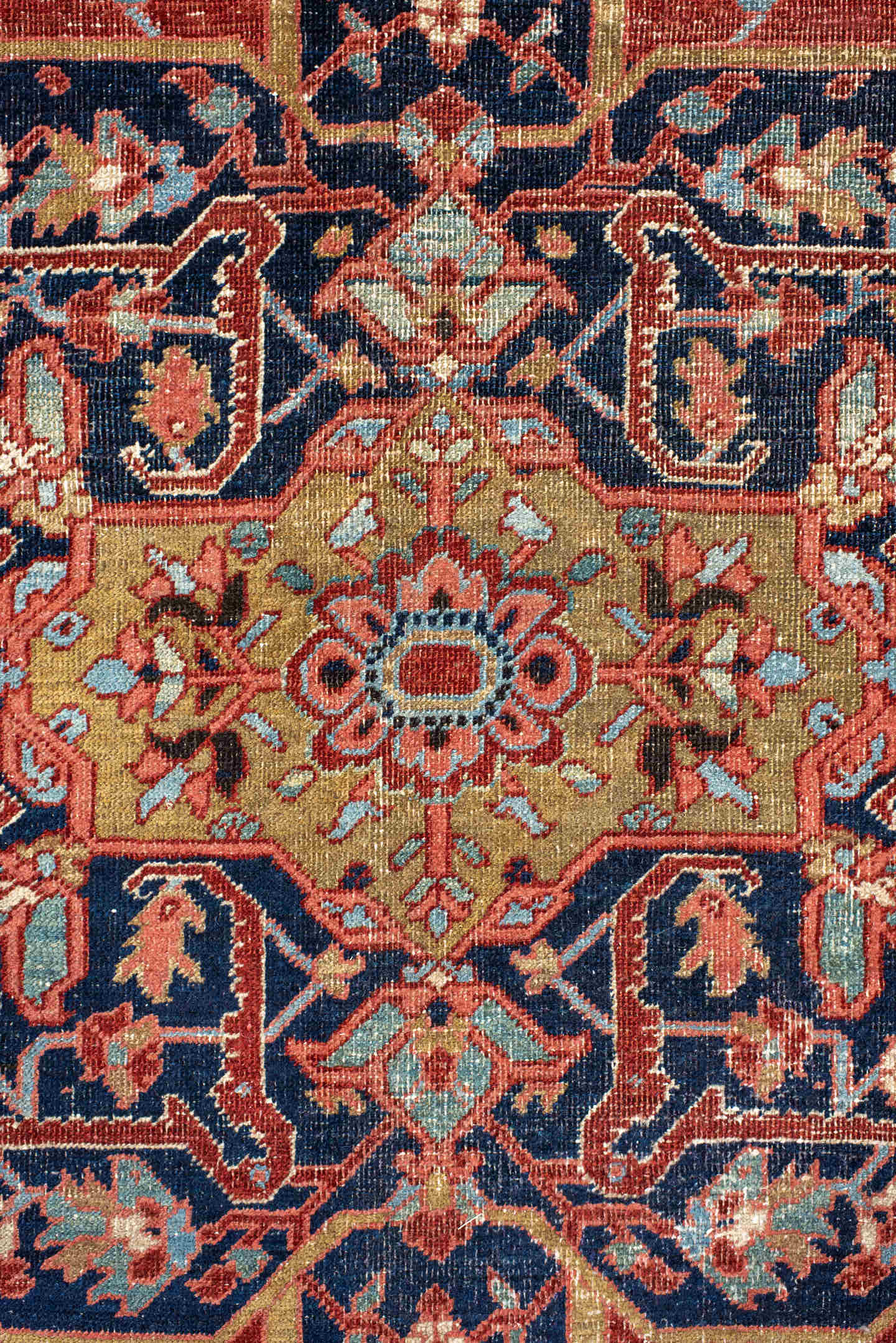 7' x 11' one-of-a-kind handmade antique Heriz large size rug. Color palette: rust, navy, ivory, light_blue, rose, camel