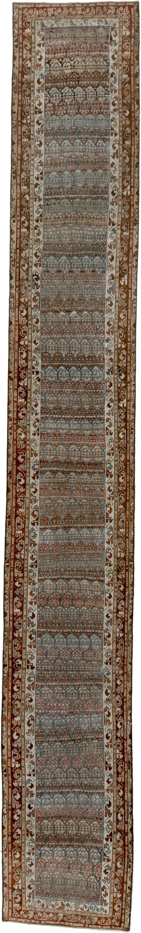 2' x 17' one-of-a-kind handmade antique NW Persian runner rug. Color palette: blue-gray, rust, ivory, camel, taupe, brown