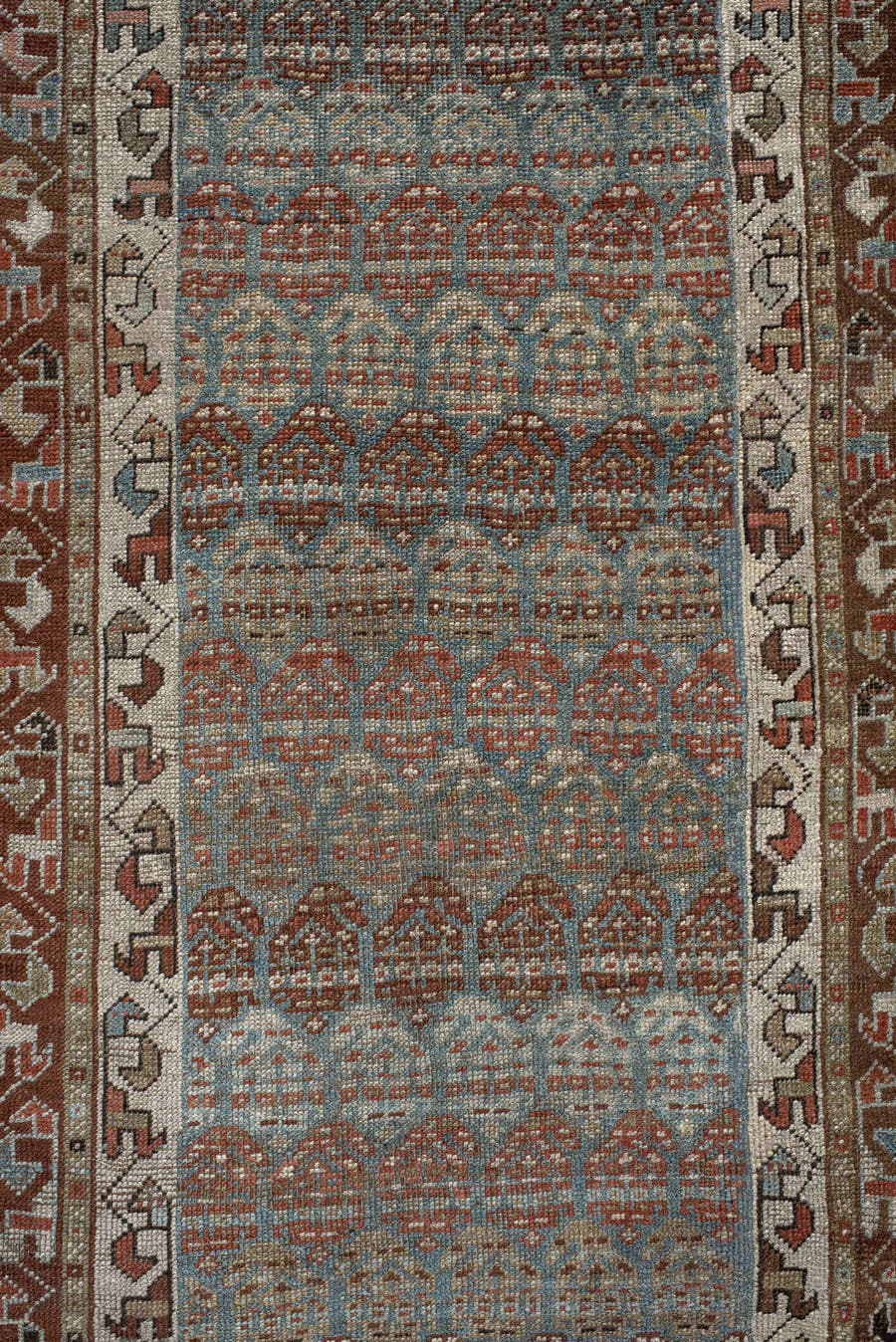 2' x 17' one-of-a-kind handmade antique NW Persian runner rug. Color palette: blue-gray, rust, ivory, camel, taupe, brown