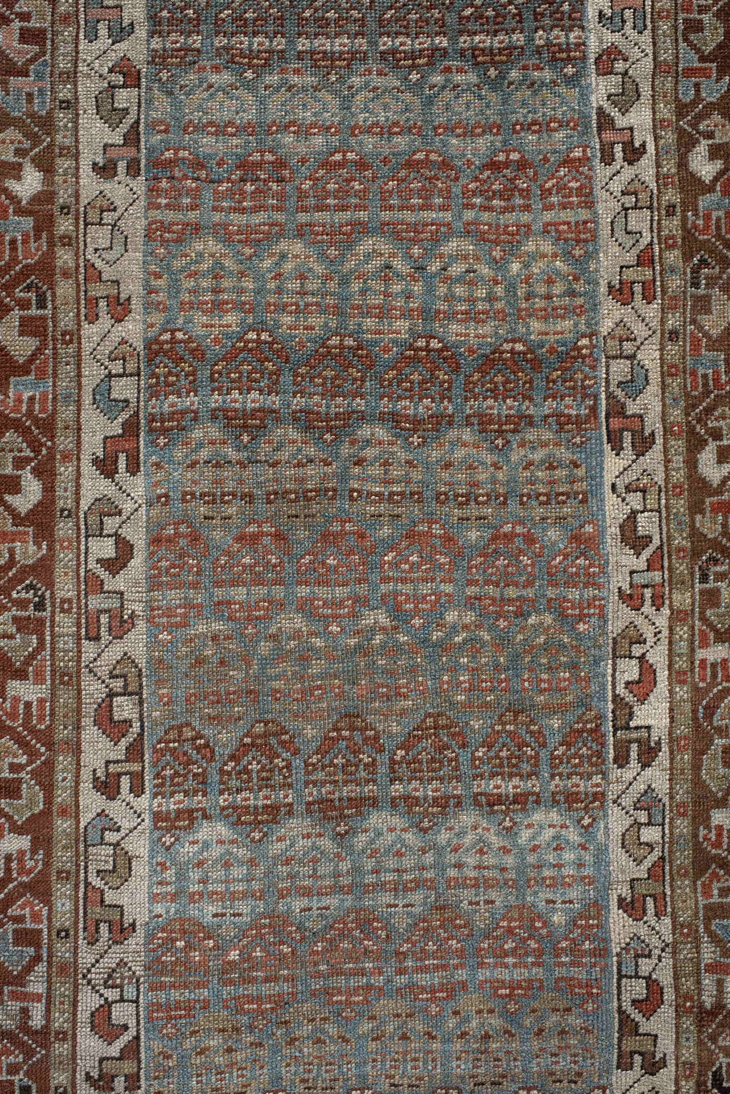 2' x 17' one-of-a-kind handmade antique NW Persian runner rug. Color palette: blue-gray, rust, ivory, camel, taupe, brown
