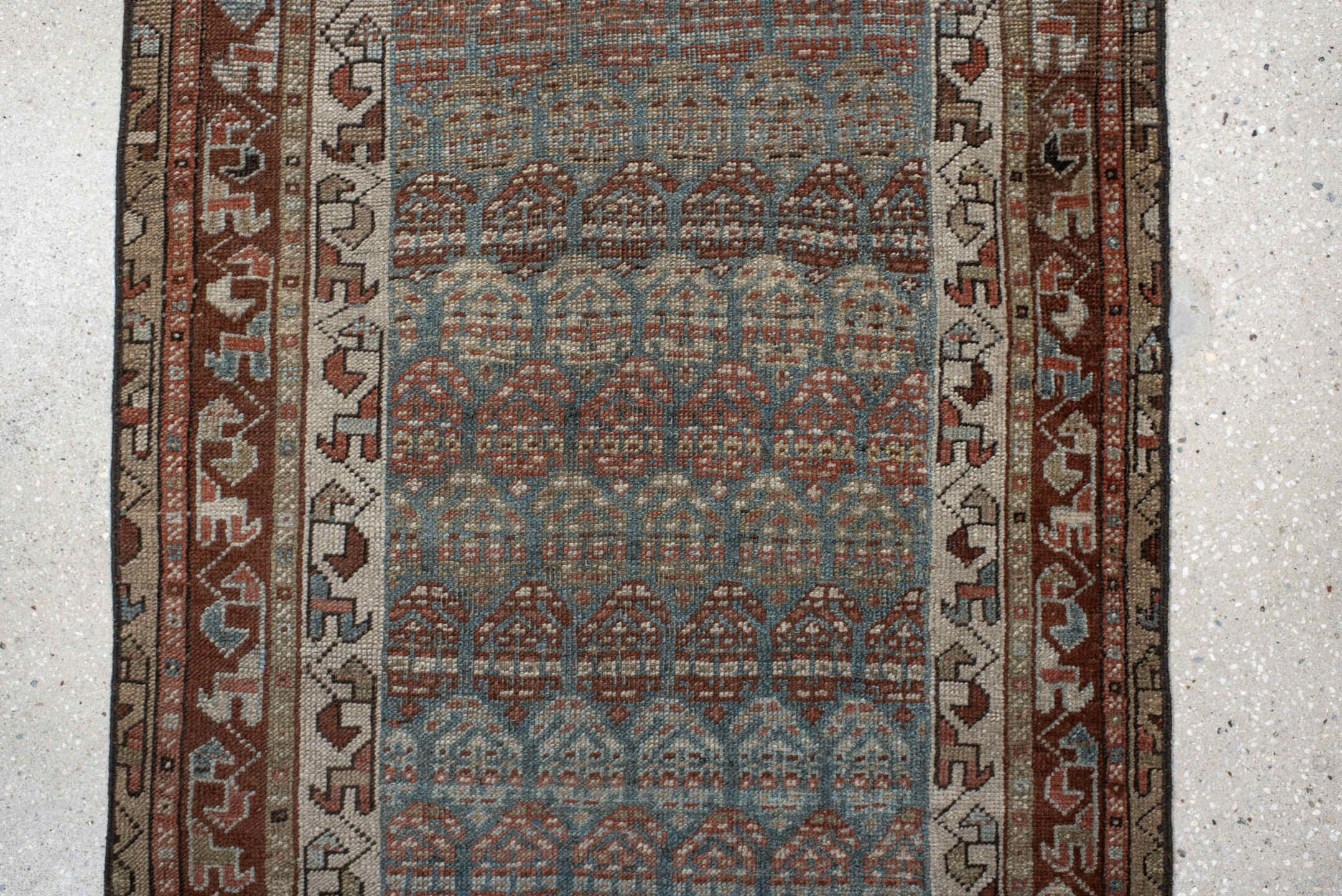 2' x 17' one-of-a-kind handmade antique NW Persian runner rug. Color palette: blue-gray, rust, ivory, camel, taupe, brown