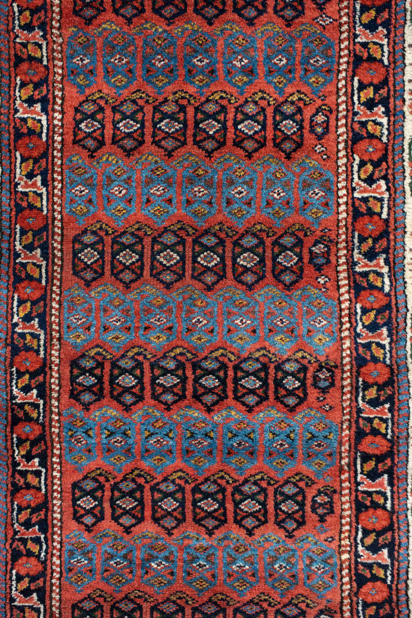 2' x 12' one-of-a-kind handmade antique NW Persian runner rug. Color palette: ivory, rust, indigo, sky_blue, charcoal, sage