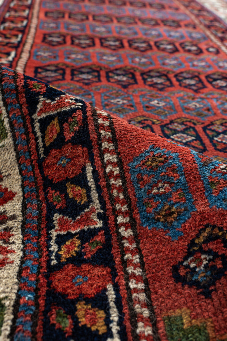 2' x 12' one-of-a-kind handmade antique NW Persian runner rug. Color palette: ivory, rust, indigo, sky_blue, charcoal, sage