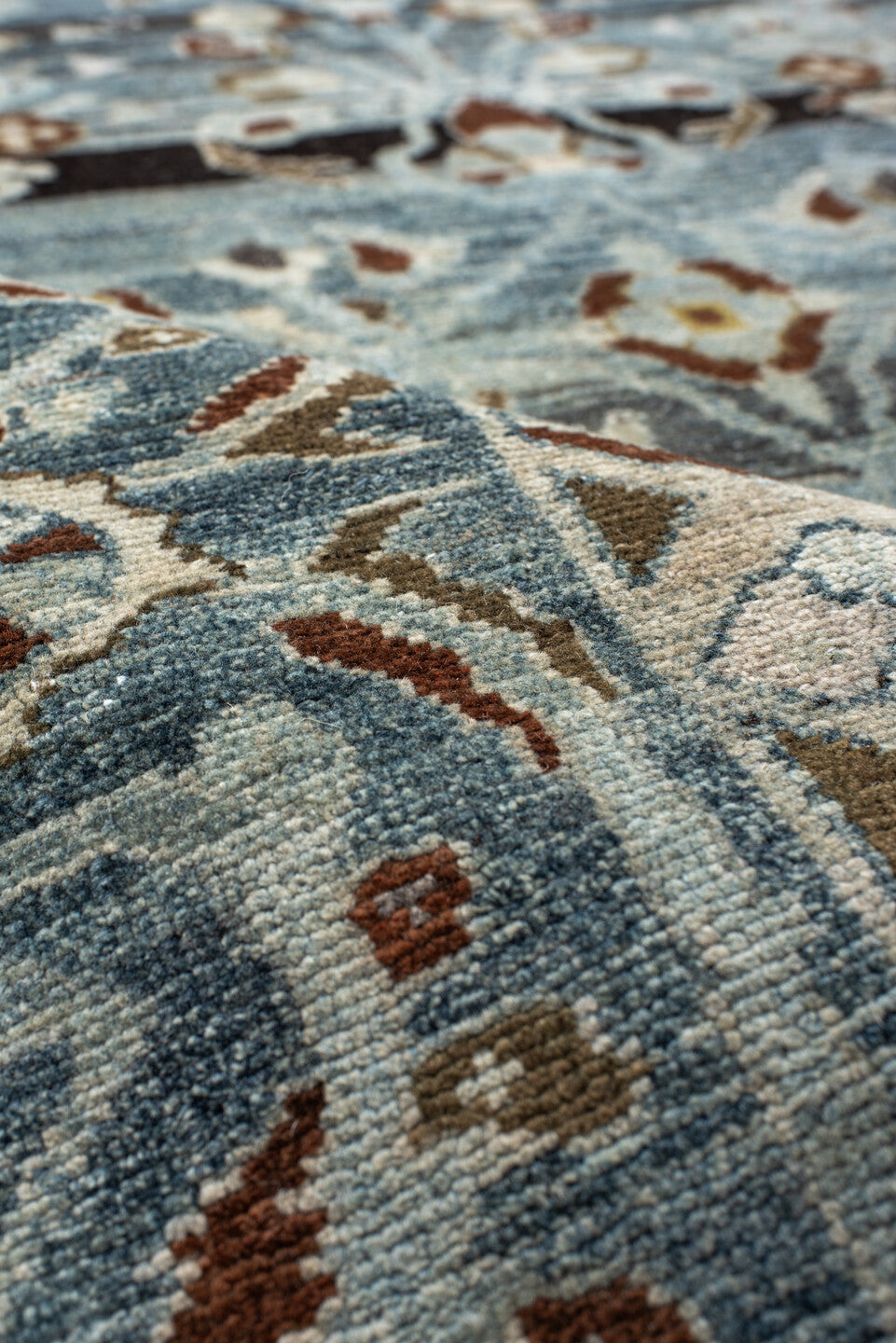 6' x 9' one-of-a-kind handmade antique Lilian medium size rug. Color palette: pale blue, ivory, rust, slate, charcoal, taupe