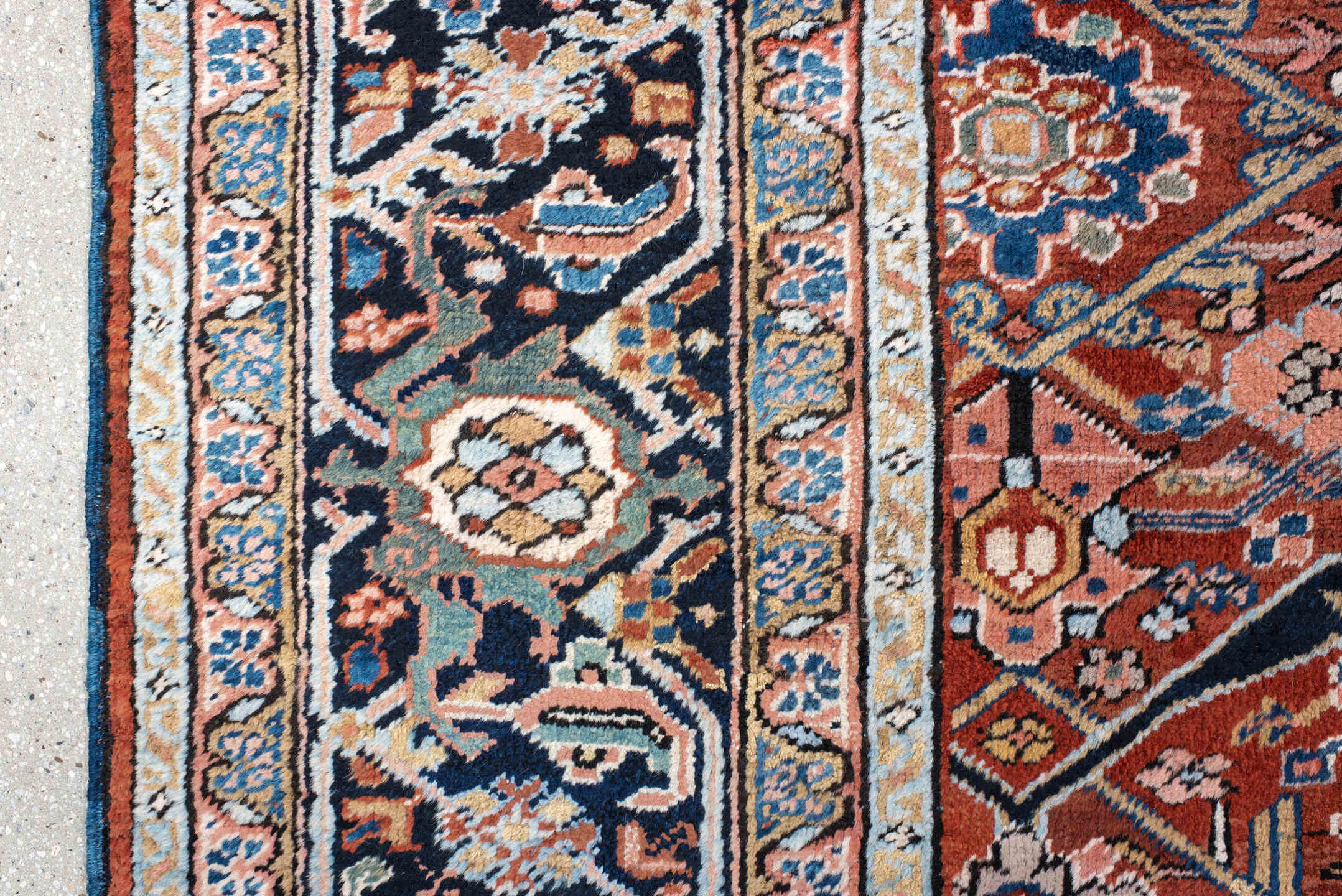 9' x 12' one-of-a-kind handmade antique Heriz large size rug. Color palette: rust, navy, ivory, sky_blue, camel, slate