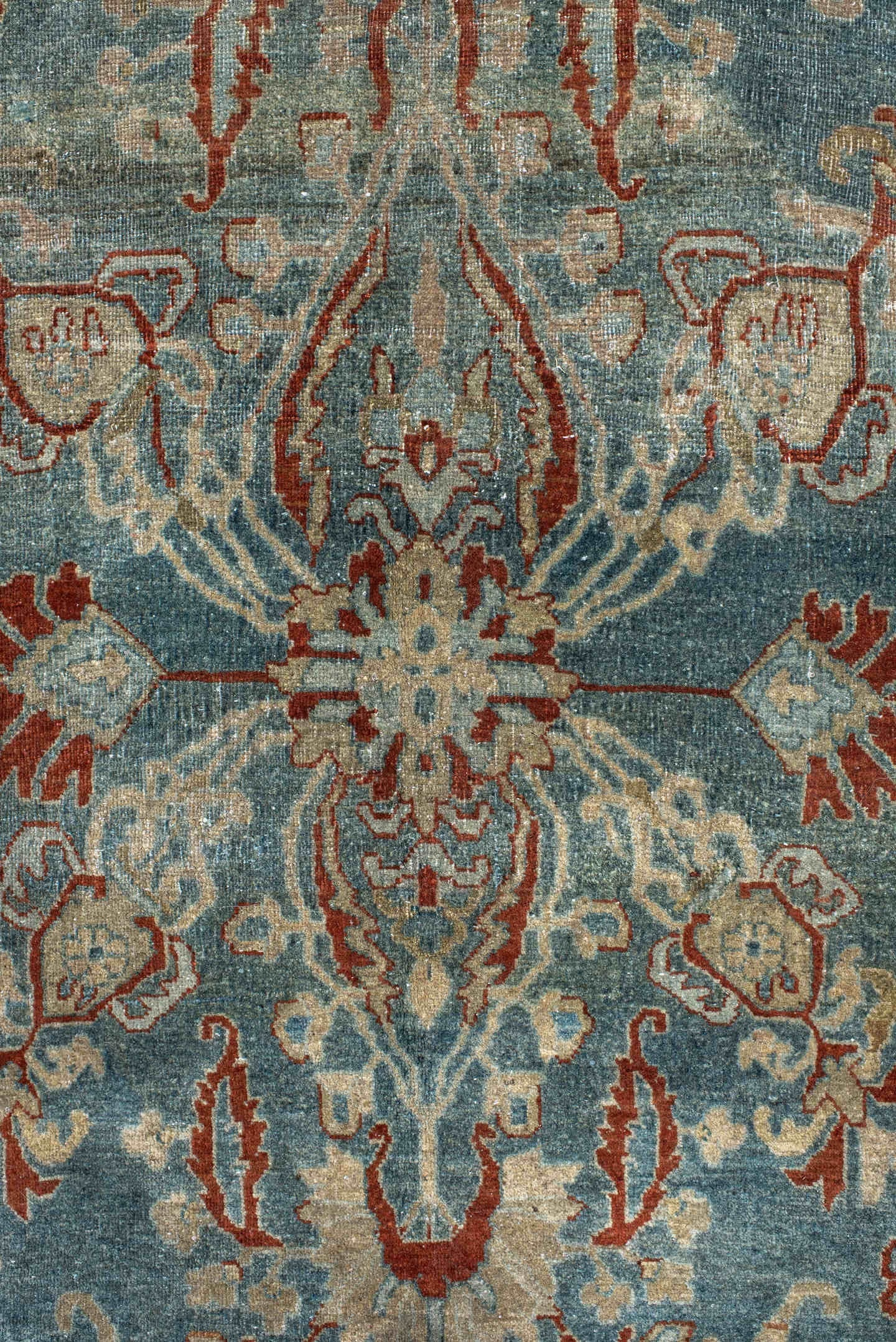 8' x 13' one-of-a-kind handmade antique Sarouk large size rug. Color palette: light blue, rust, ivory, terra cotta, sage