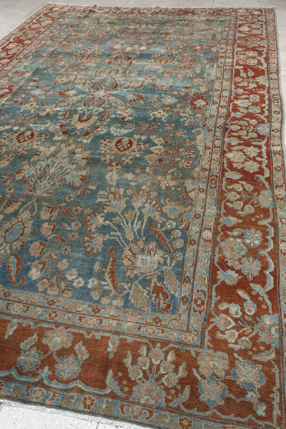 8' x 13' one-of-a-kind handmade antique Sarouk large size rug. Color palette: light blue, rust, ivory, terra cotta, sage