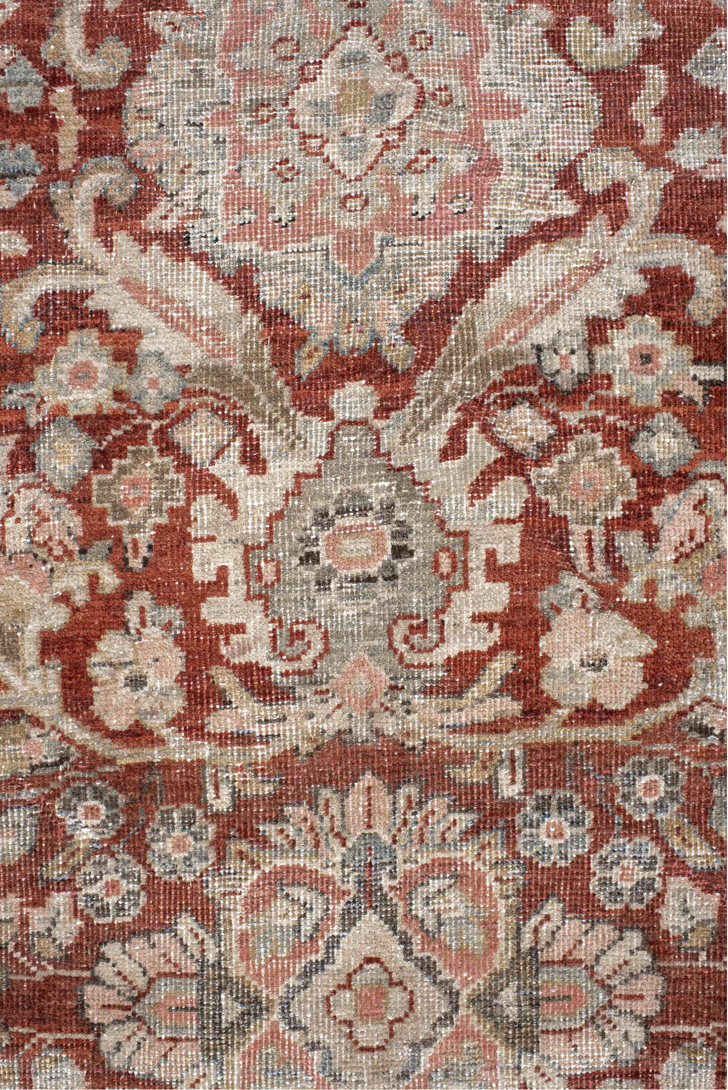 10' x 18' one-of-a-kind handmade antique Sultanabad rug. Color palette: rust, ivory, light blue, taupe, camel, brown