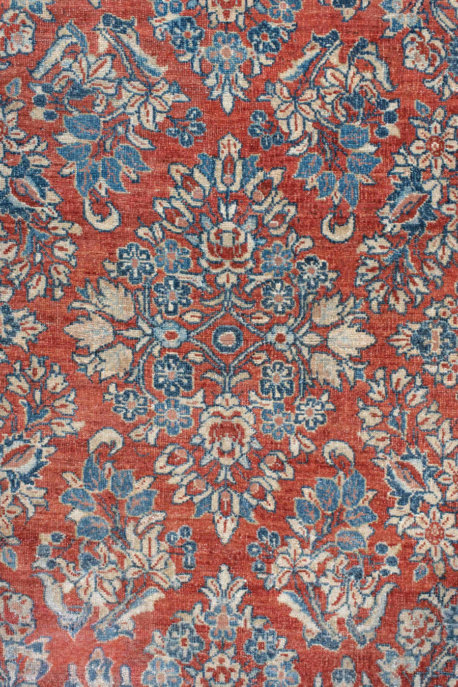 3' x 11' one-of-a-kind handmade antique Sarouk runner rug. Color palette: rust, ivory, blue, navy, cream, terra cotta