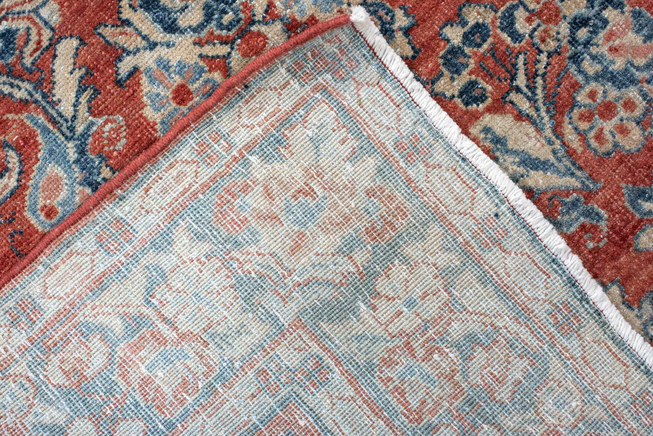 3' x 11' one-of-a-kind handmade antique Sarouk runner rug. Color palette: rust, ivory, blue, navy, cream, terra cotta