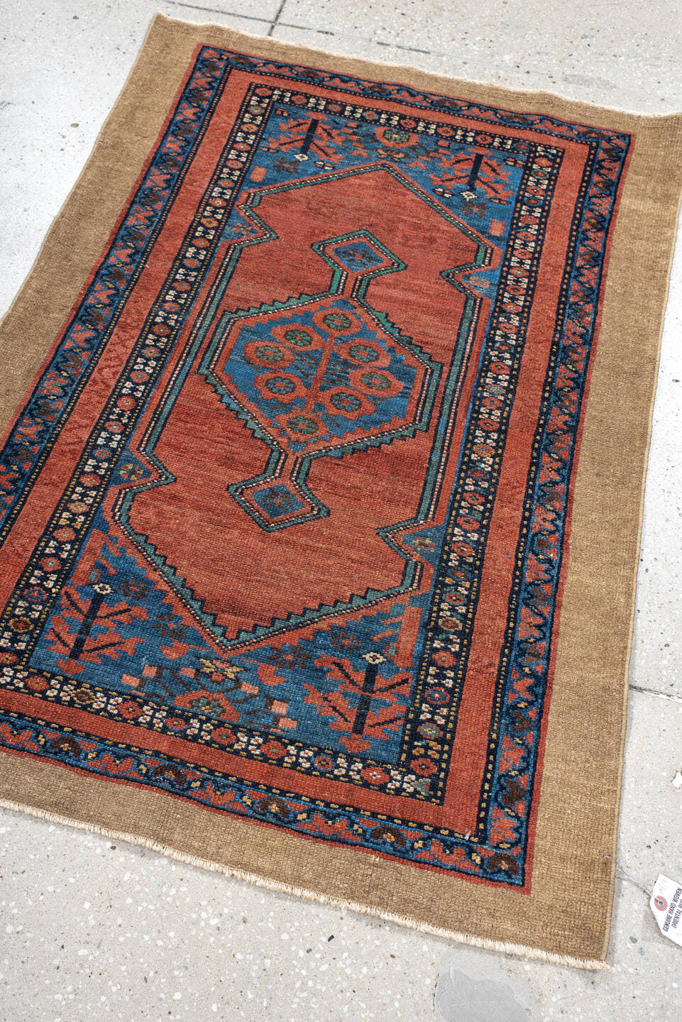 2' x 4' one-of-a-kind handmade antique Cam Hamadan small size rug. Color palette: ivory, terra cotta, sky blue, navy, rose