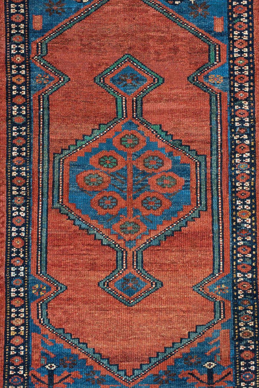 2' x 4' one-of-a-kind handmade antique Cam Hamadan small size rug. Color palette: ivory, terra cotta, sky blue, navy, rose
