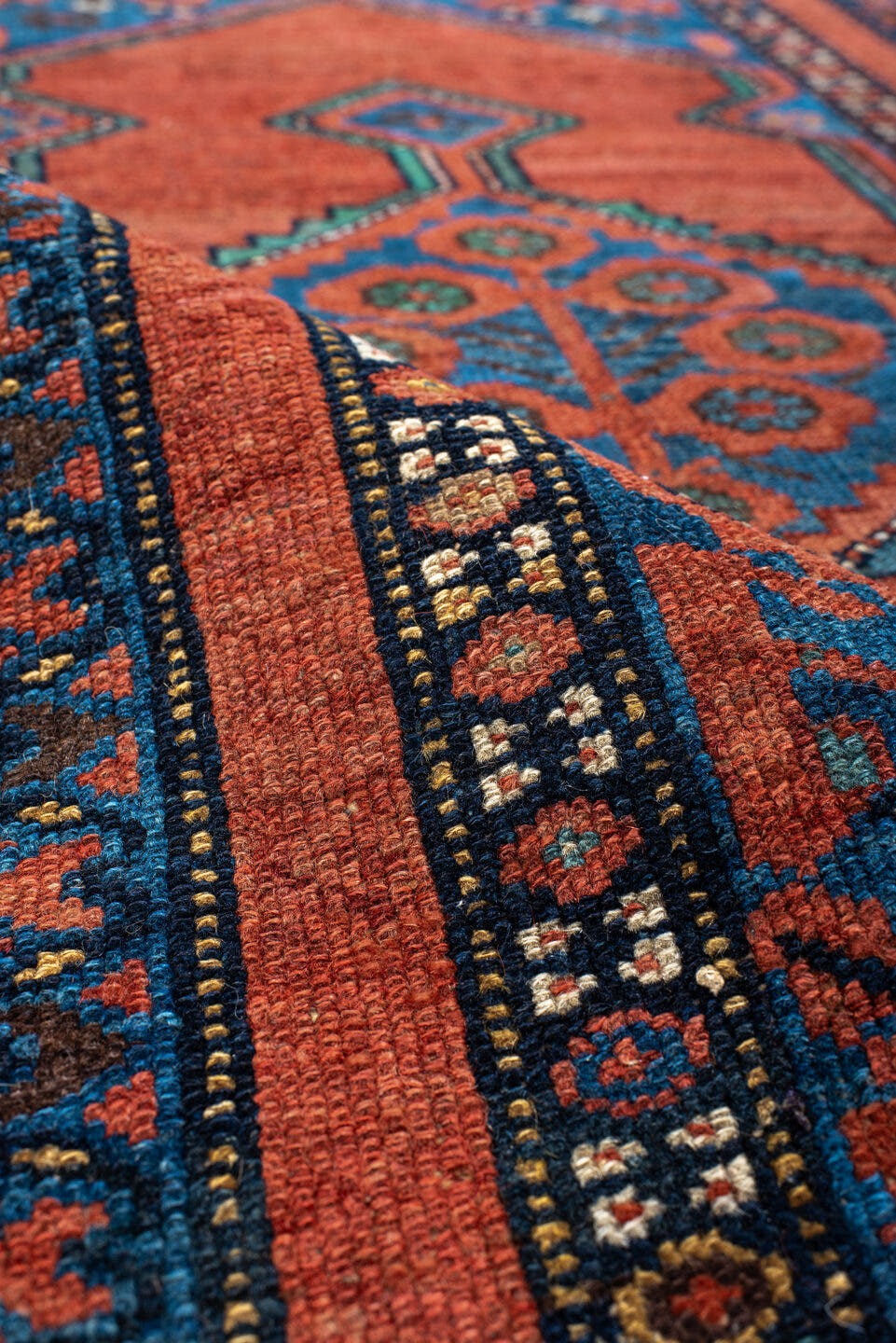 2' x 4' one-of-a-kind handmade antique Cam Hamadan small size rug. Color palette: ivory, terra cotta, sky blue, navy, rose