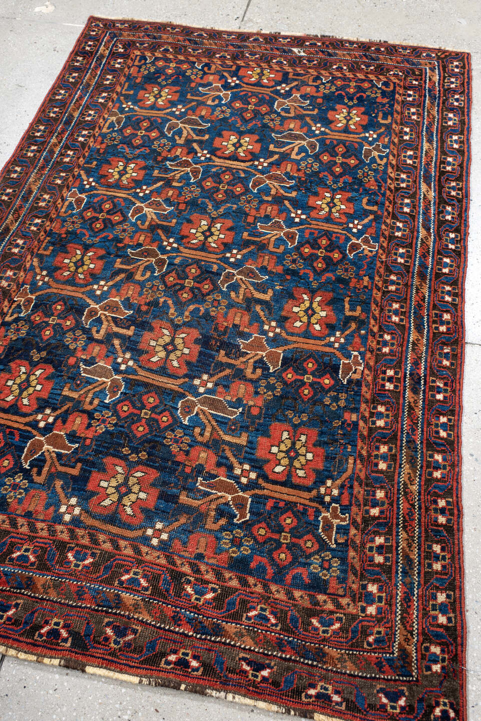 3' x 5' one-of-a-kind handmade vintage Afshar small size rug. Color palette: black, blue, brown, gray, light gray, off-white