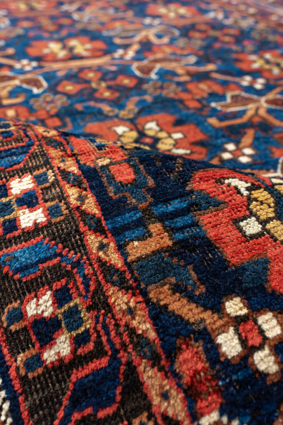 3' x 5' one-of-a-kind handmade antique Afshar small size rug. Color palette: navy, rust, ivory, camel, burgundy, indigo