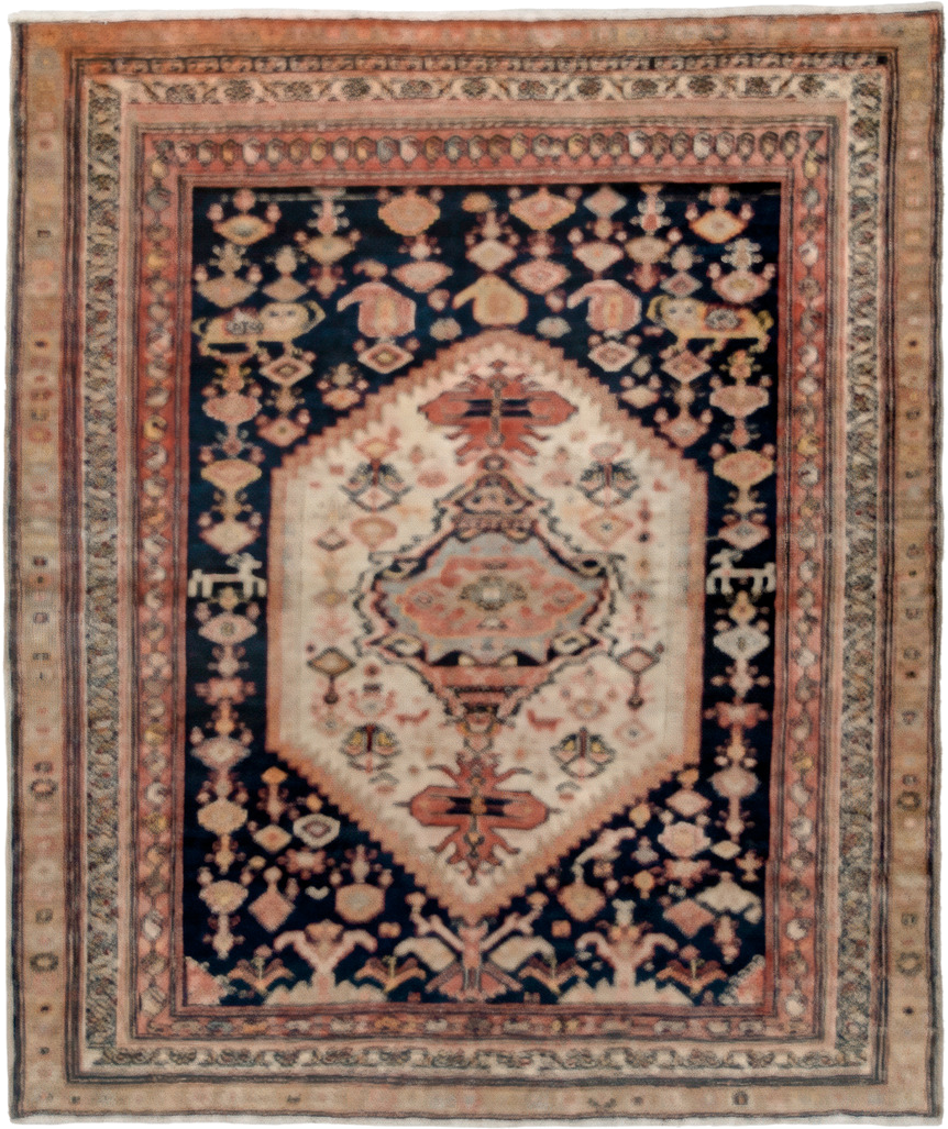 3' x 4' one-of-a-kind handmade antique NW Persian small size rug. Color palette: ivory, navy, camel, rose, taupe, rust