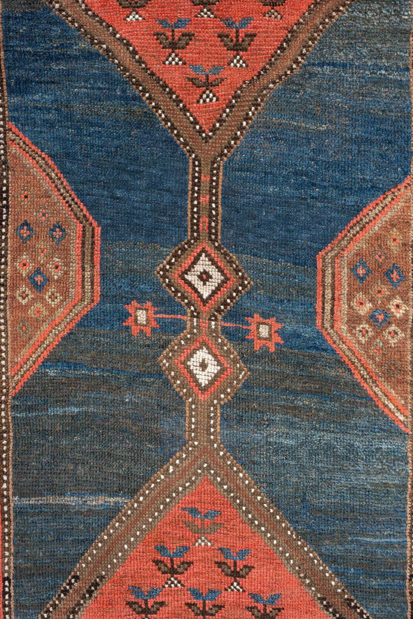2' x 11' one-of-a-kind handmade antique NW Persian runner rug. Color palette: blue, rust, ivory, charcoal, coral, camel