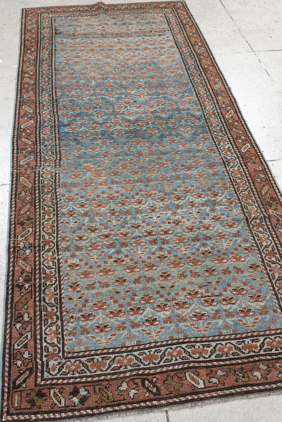 3' x 9' one-of-a-kind handmade antique NW Persian runner rug. Color palette: sky blue, rust, ivory, brown, slate, camel