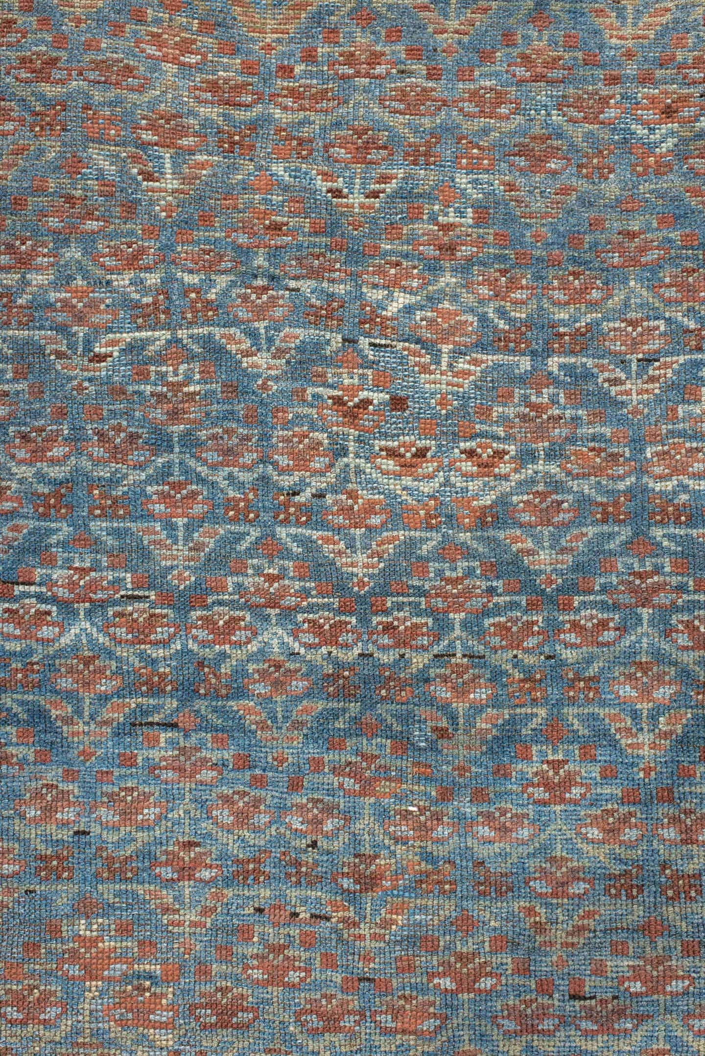 3' x 9' one-of-a-kind handmade antique NW Persian runner rug. Color palette: sky blue, rust, ivory, brown, slate, camel