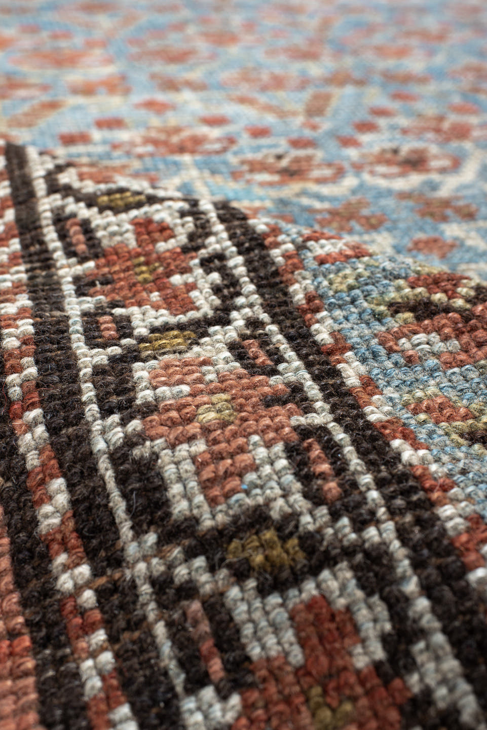 3' x 9' one-of-a-kind handmade antique NW Persian runner rug. Color palette: sky blue, rust, ivory, brown, slate, camel