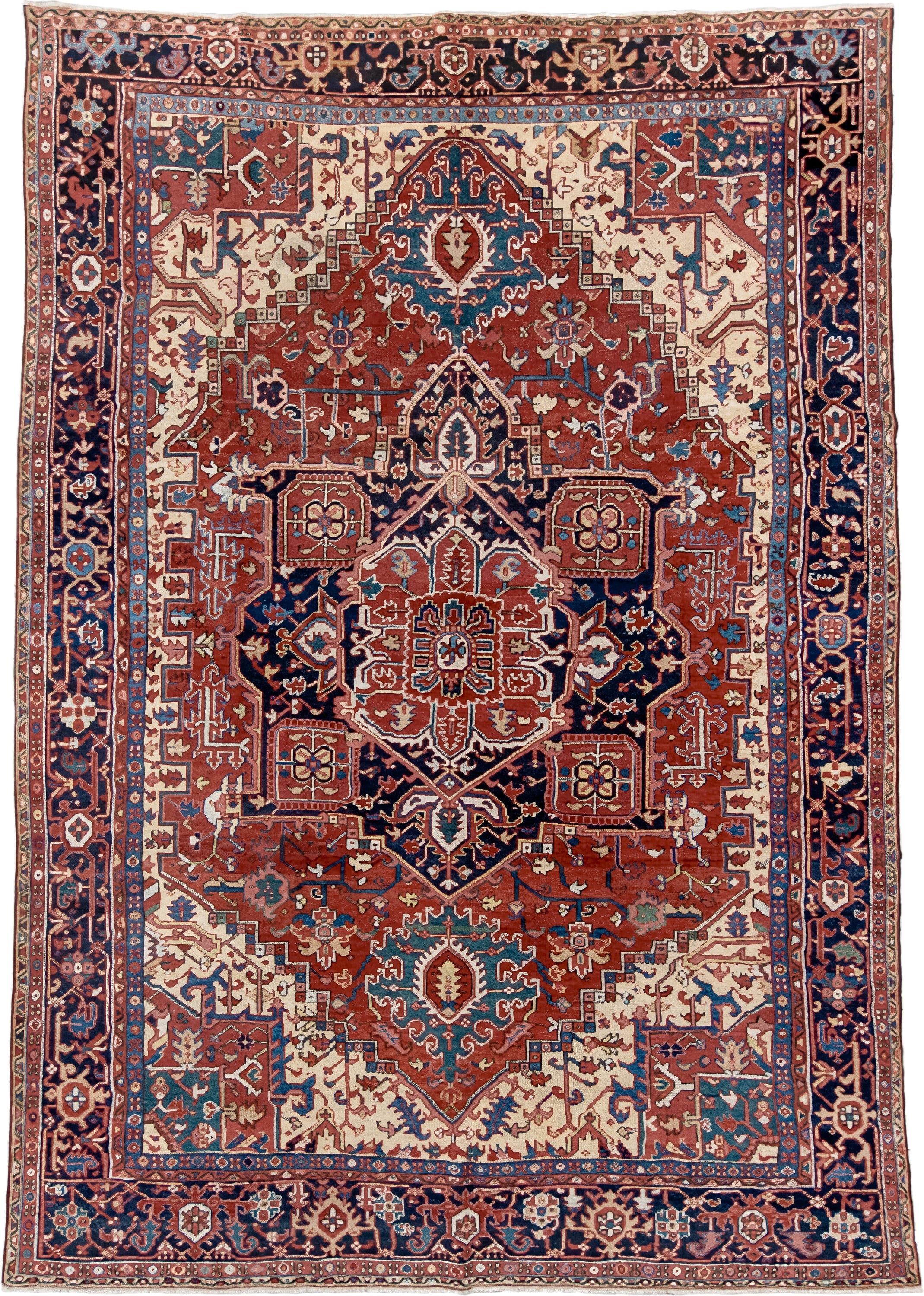 8' x 11' one-of-a-kind handmade antique Heriz large size rug. Color palette: rust, navy, ivory, sky blue, terra cotta, camel