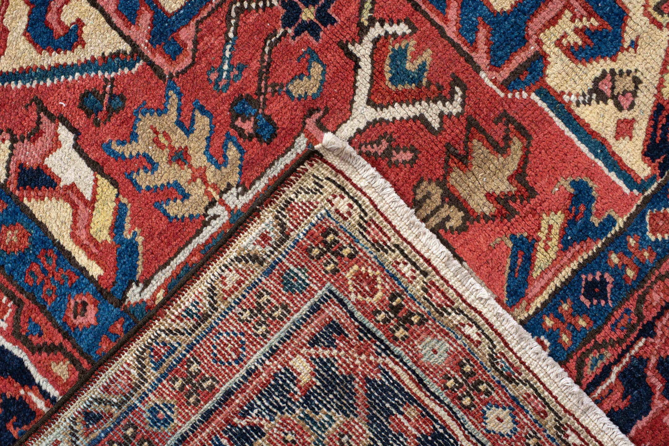 8' x 11' one-of-a-kind handmade antique Heriz large size rug. Color palette: rust, navy, ivory, sky blue, terra cotta, camel