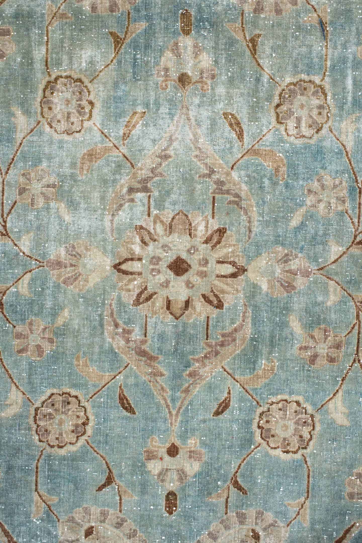 10' x 18' one-of-a-kind handmade antique Kashan rug. Color palette: ivory, pale blue, taupe, rust, beige, camel, light blue