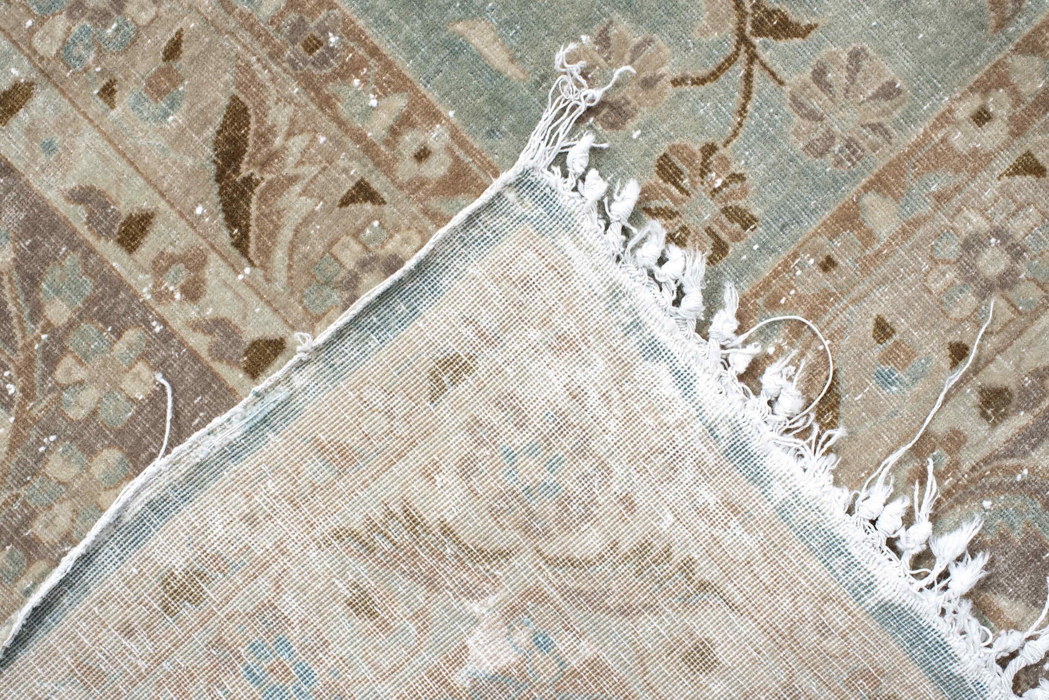 10' x 18' one-of-a-kind handmade antique Kashan rug. Color palette: ivory, pale blue, taupe, rust, beige, camel, light blue