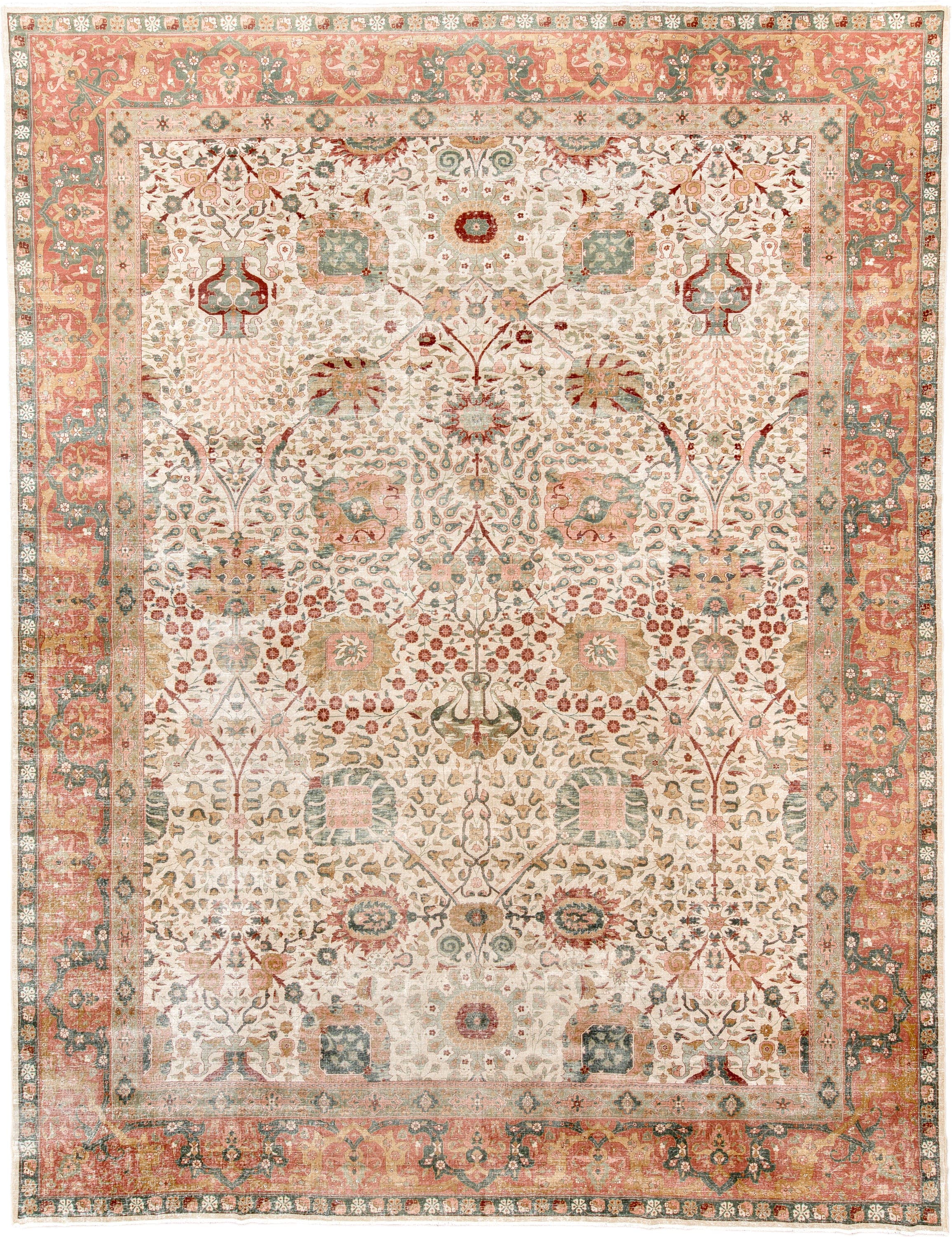 12' x 16' one-of-a-kind handmade antique Agra oversize rug. Color palette: ivory, coral, sage, rust, gold, taupe
