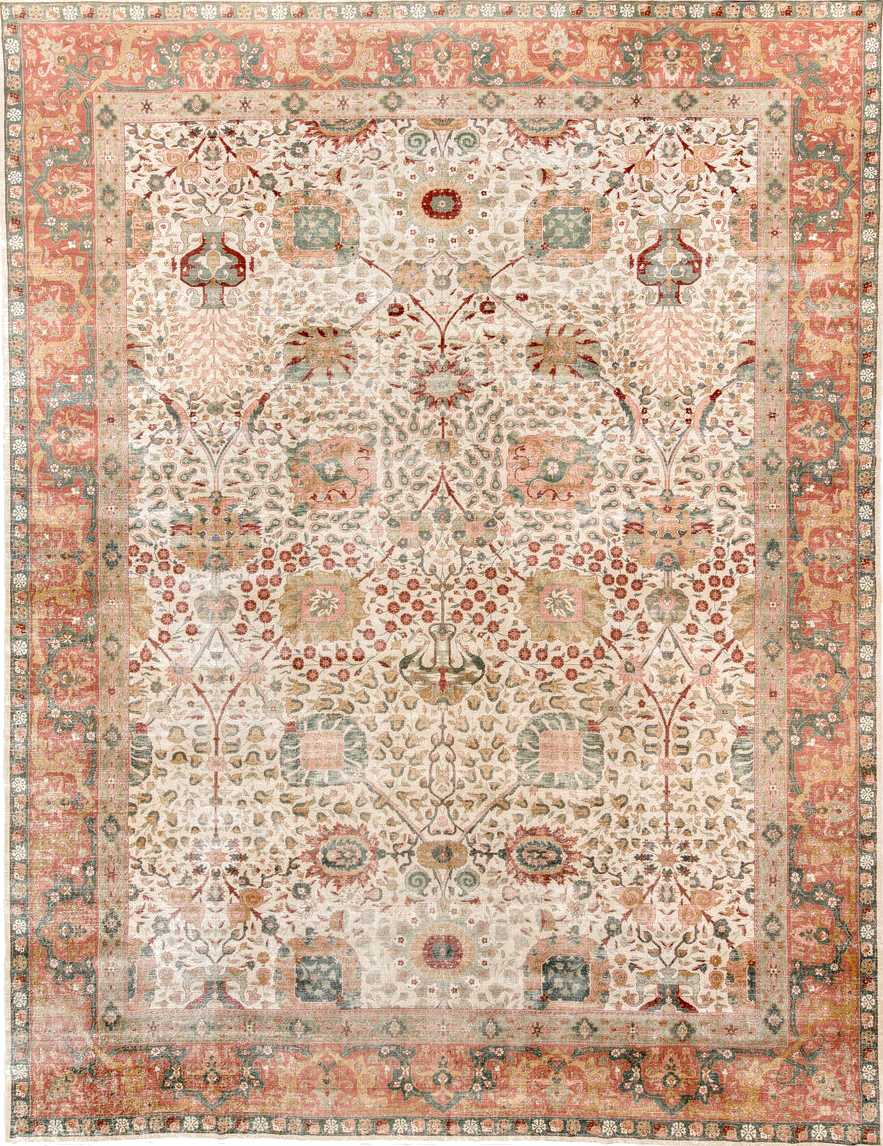 12' x 16' one-of-a-kind handmade vintage Agra oversize rug. Color palette: antiquewhite, brown, gray, light gray, off-white