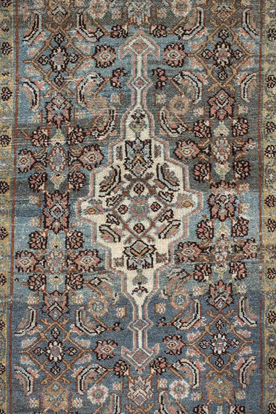 2' x 17' one-of-a-kind handmade antique Malayer runner rug. Color palette: sky blue, rust, ivory, blush, taupe, brown, sage