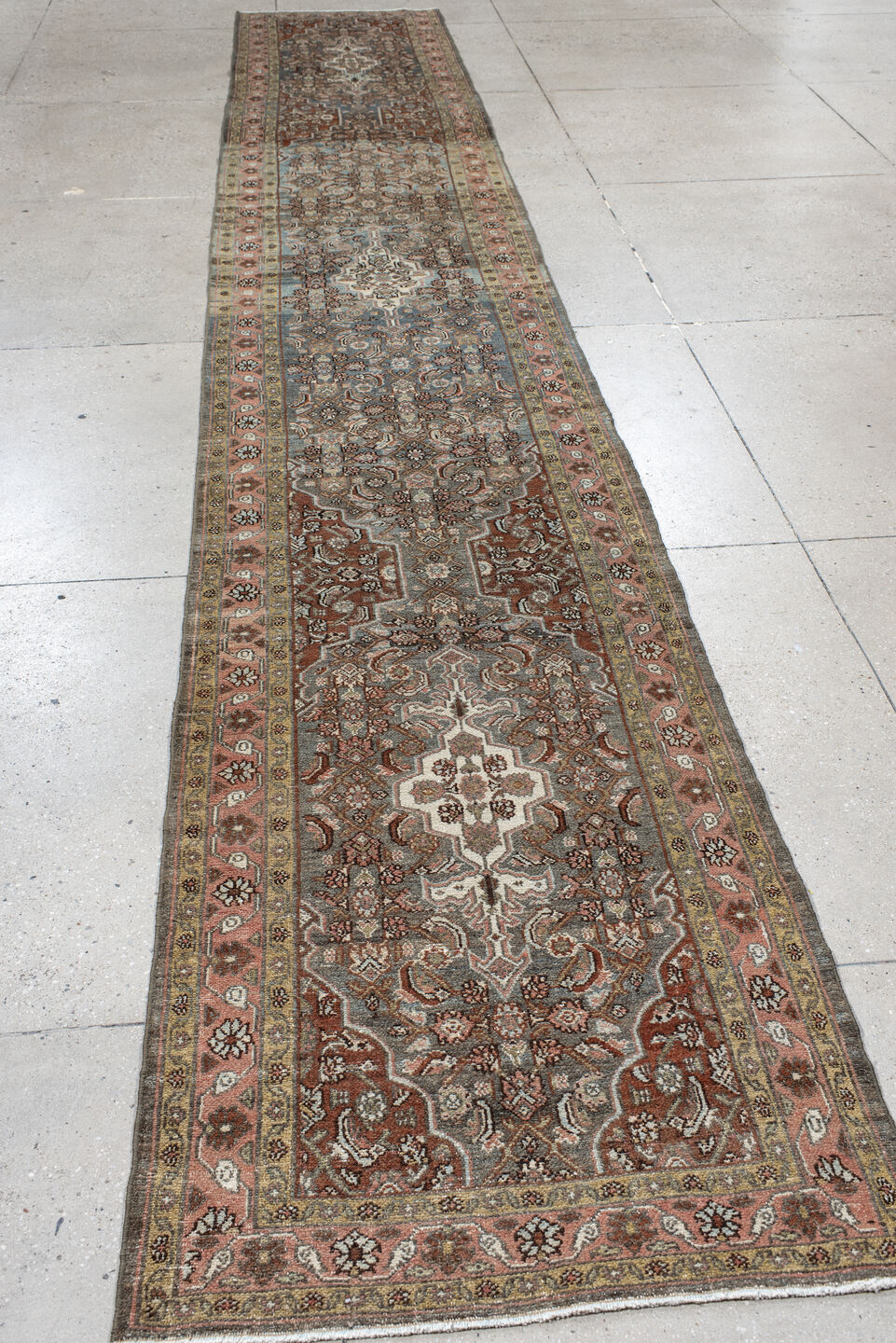 2' x 17' one-of-a-kind handmade vintage Malayer runner rug. Color palette: brown, gray, light gray, off-white, silver