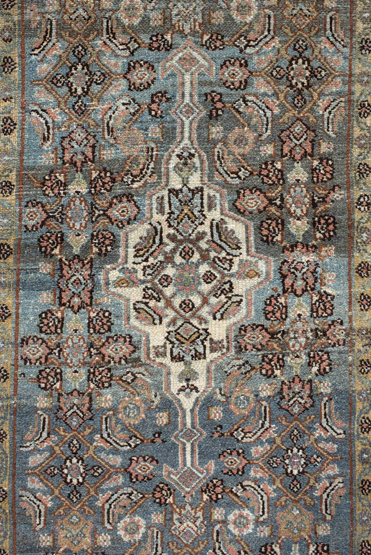 2' x 17' one-of-a-kind handmade antique Malayer runner rug. Color palette: sky blue, rust, ivory, blush, taupe, brown, sage