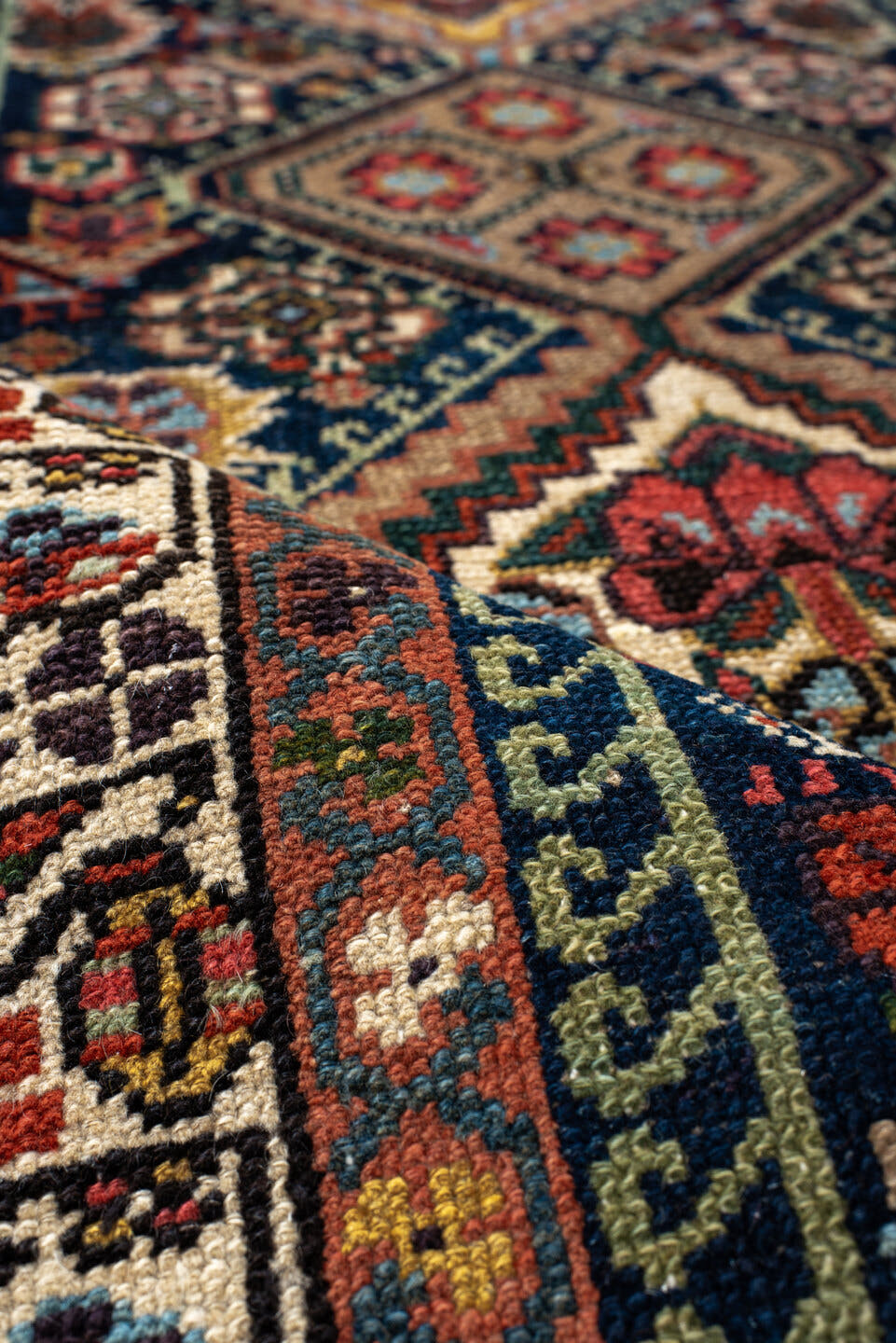 2' x 17' one-of-a-kind handmade antique Malayer runner rug. Color palette: ivory, indigo, rust, camel, burgundy, navy