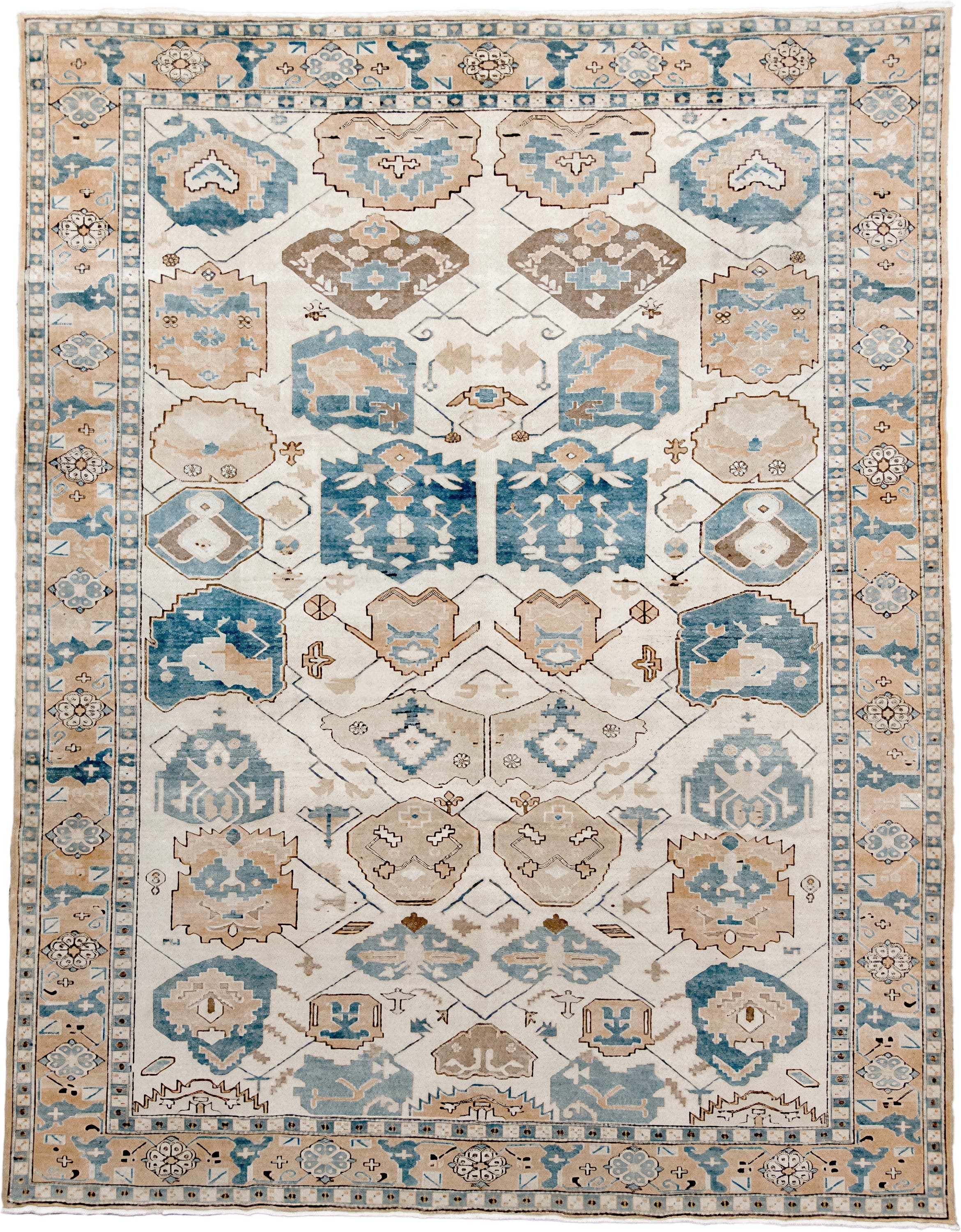 9' x 11' one-of-a-kind handmade antique Ardebil large size rug. Color palette: ivory, sky blue, sand, taupe, camel, brown